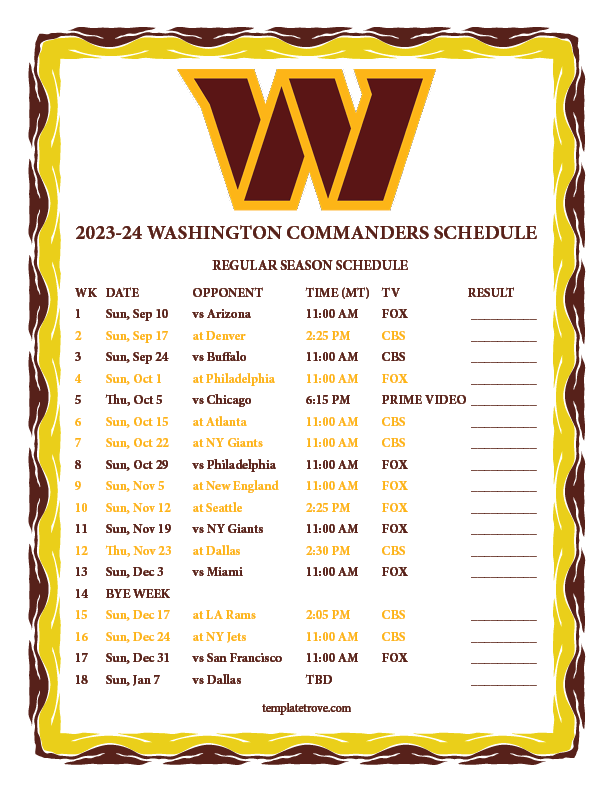 Printable 20232024 Washington Commanders Schedule