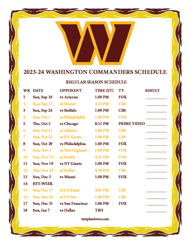 Printable 2023 2024 Washington Commanders Schedule