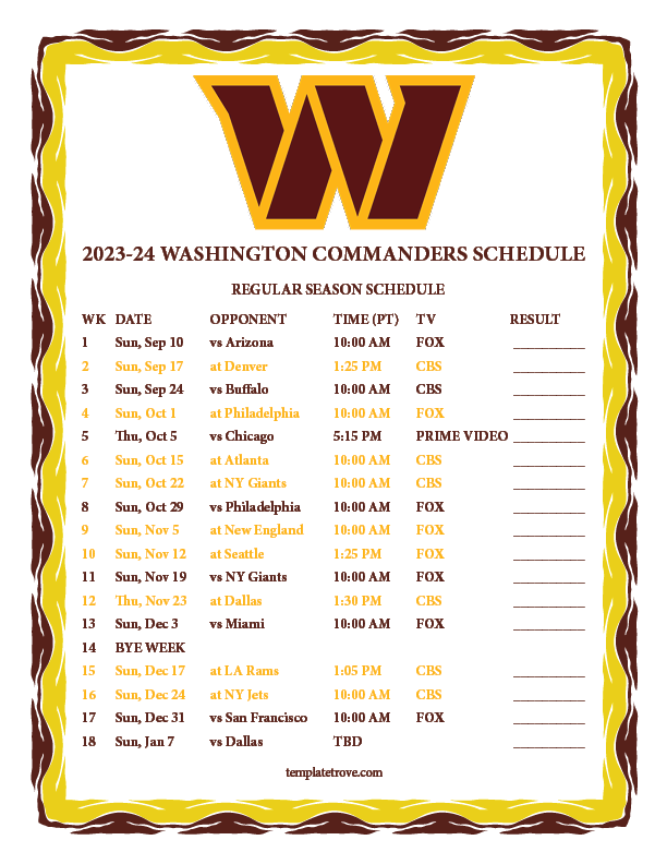 Commanders Schedule 2024 24 Printable Ellen Hermine