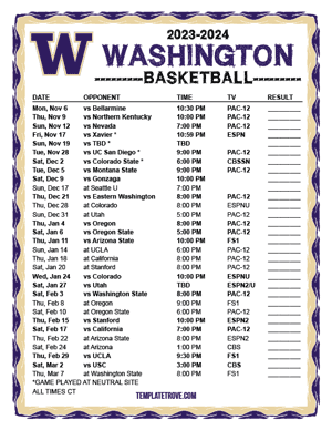 Washington Huskies Basketball 2023-24 Printable Schedule - Central Times