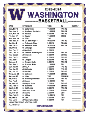 Washington Huskies Basketball 2023-24 Printable Schedule