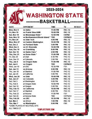 Washington State Cougars Basketball 2023-24 Printable Schedule