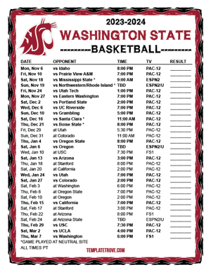 Washington State Cougars Basketball 2023-24 Printable Schedule - Pacific Times