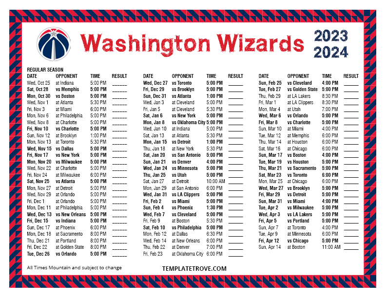 Printable 20232024 Washington Wizards Schedule