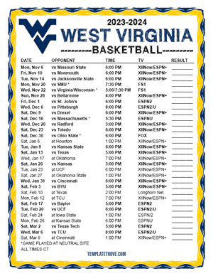 West Virginia Mountaineers Basketball 2023-24 Printable Schedule - Central Times