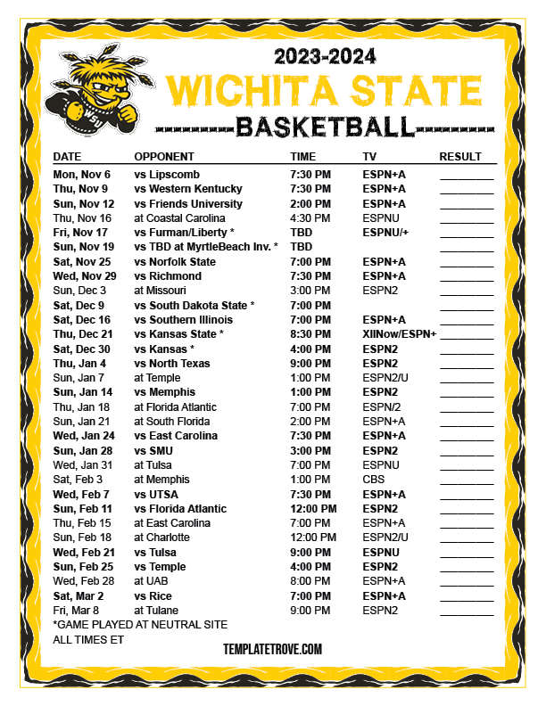 Printable 20232024 Wichita State Shockers Basketball Schedule