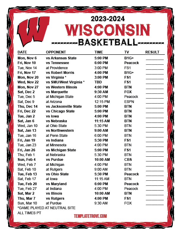 Printable 20232024 Wisconsin Badgers Basketball Schedule