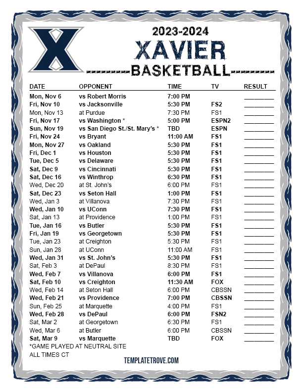 Printable 20232024 Xavier Musketeers Basketball Schedule