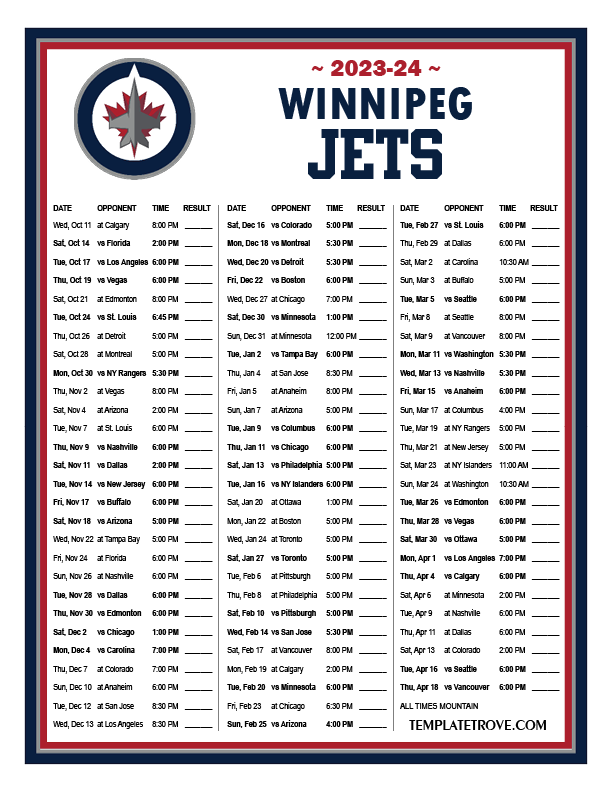 Winnipeg Jets 2023-24 Schedule List, PDF