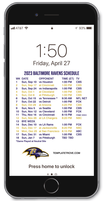 2023 Baltimore Ravens Lock Screen Schedule