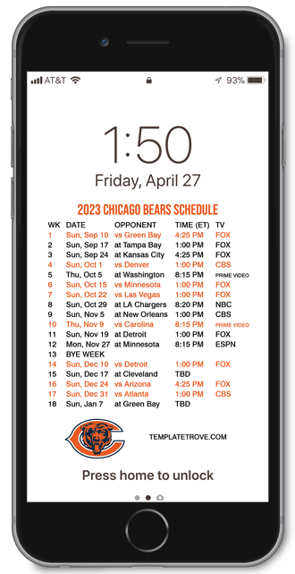 2023 Chicago Bears Lock Screen Schedule
