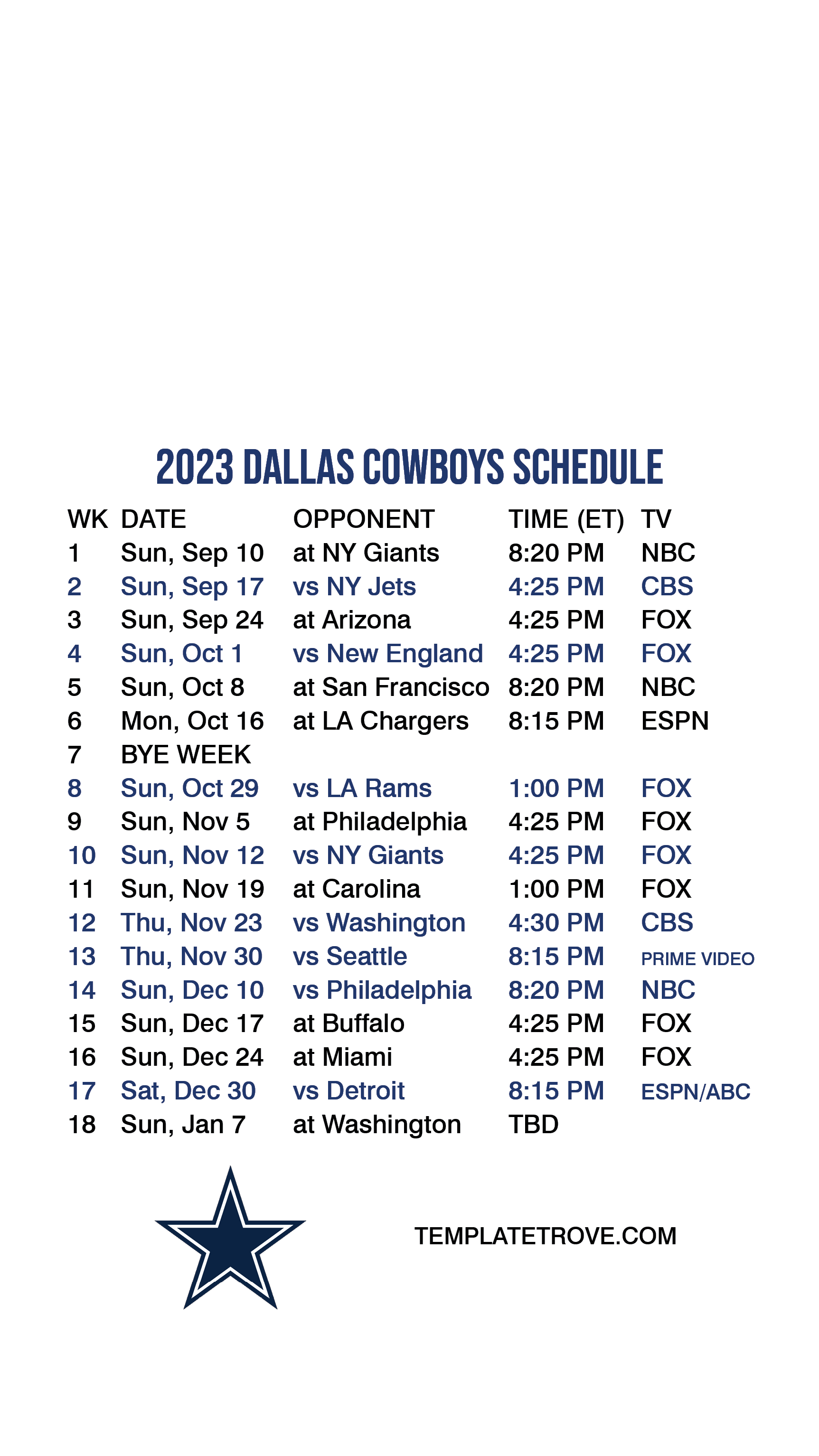 dallas cowboys calendar 2023