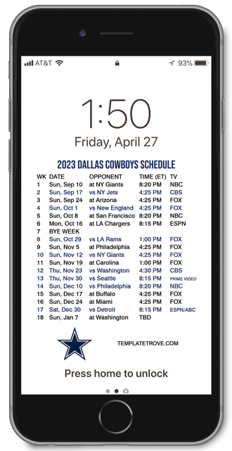 2023 Dallas Cowboys Lock Screen Schedule