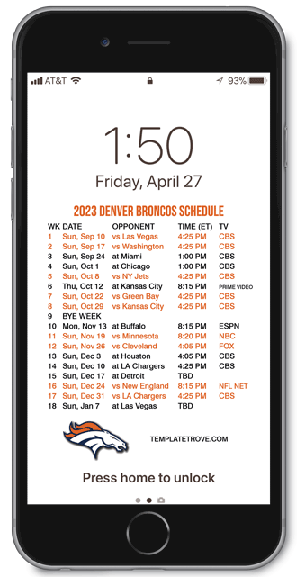 2023 Denver Broncos Lock Screen Schedule