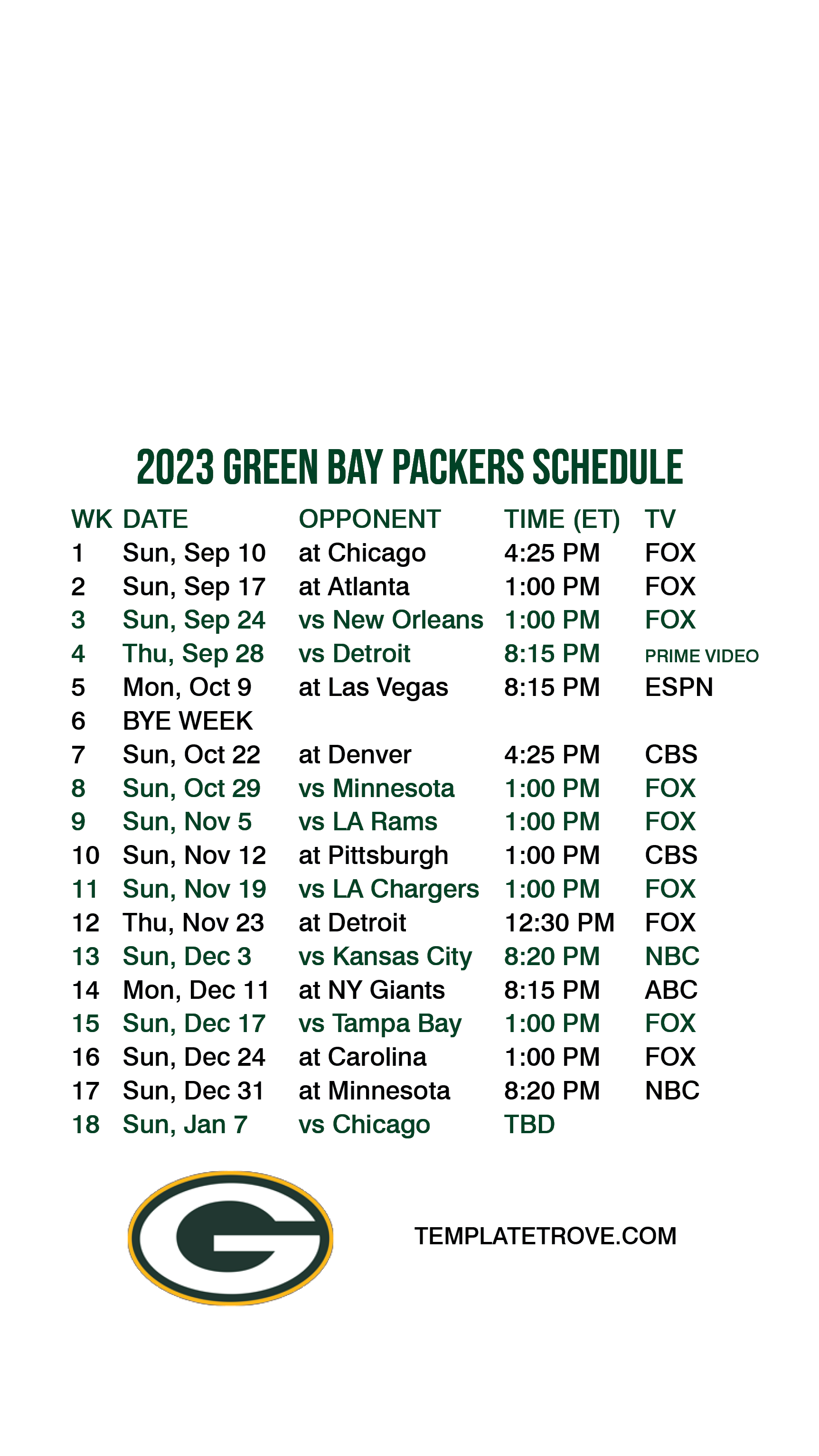 2023-2024 Green Bay Packers Lock Screen Schedule for iPhone 6-7-8 Plus