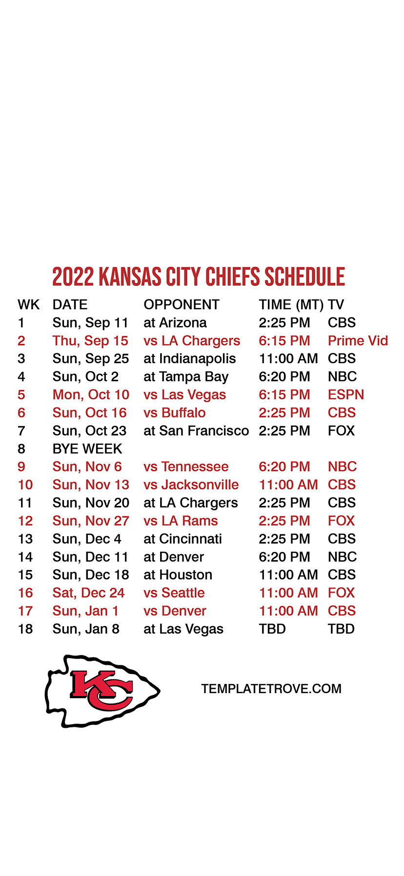 20232024 Kansas City Chiefs Lock Screen Schedule for iPhone 678 Plus