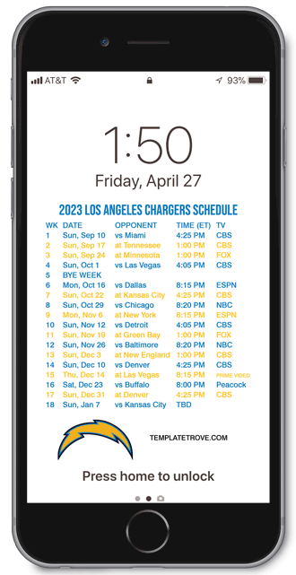 2023 Los Angeles Chargers Lock Screen Schedule