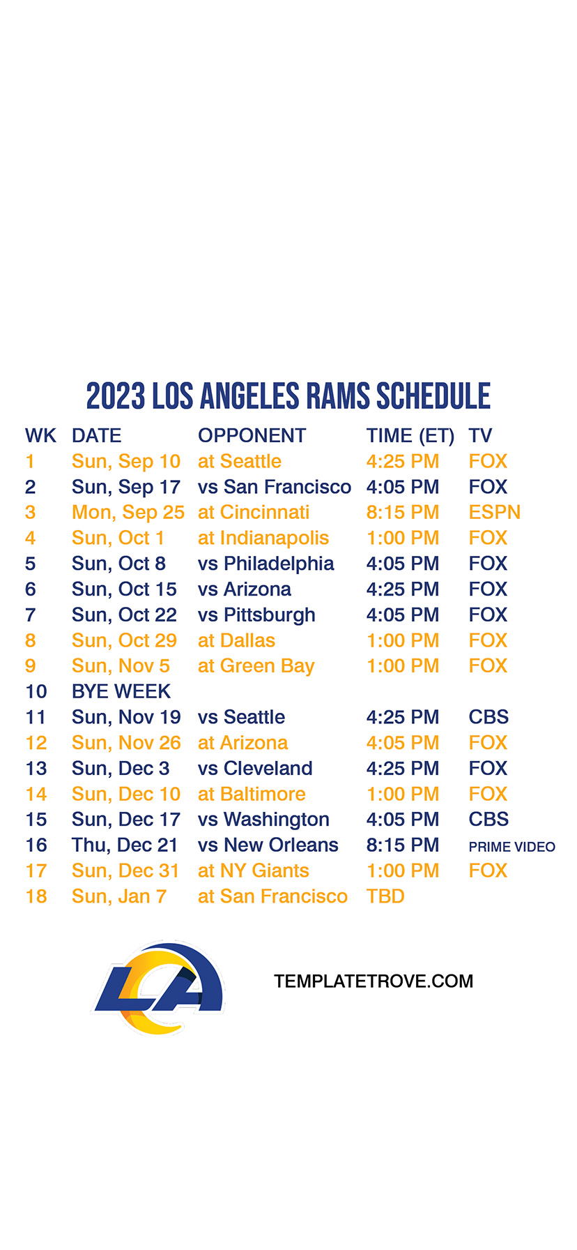 2023-2024 Los Angeles Rams Lock Screen Schedule for iPhone 6-7-8 Plus