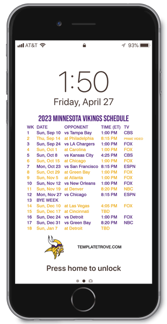 2023 Minnesota Vikings Lock Screen Schedule