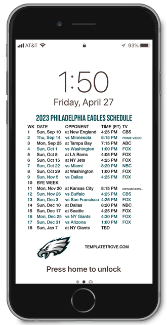 2023 Philadelphia Eagles Lock Screen Schedule