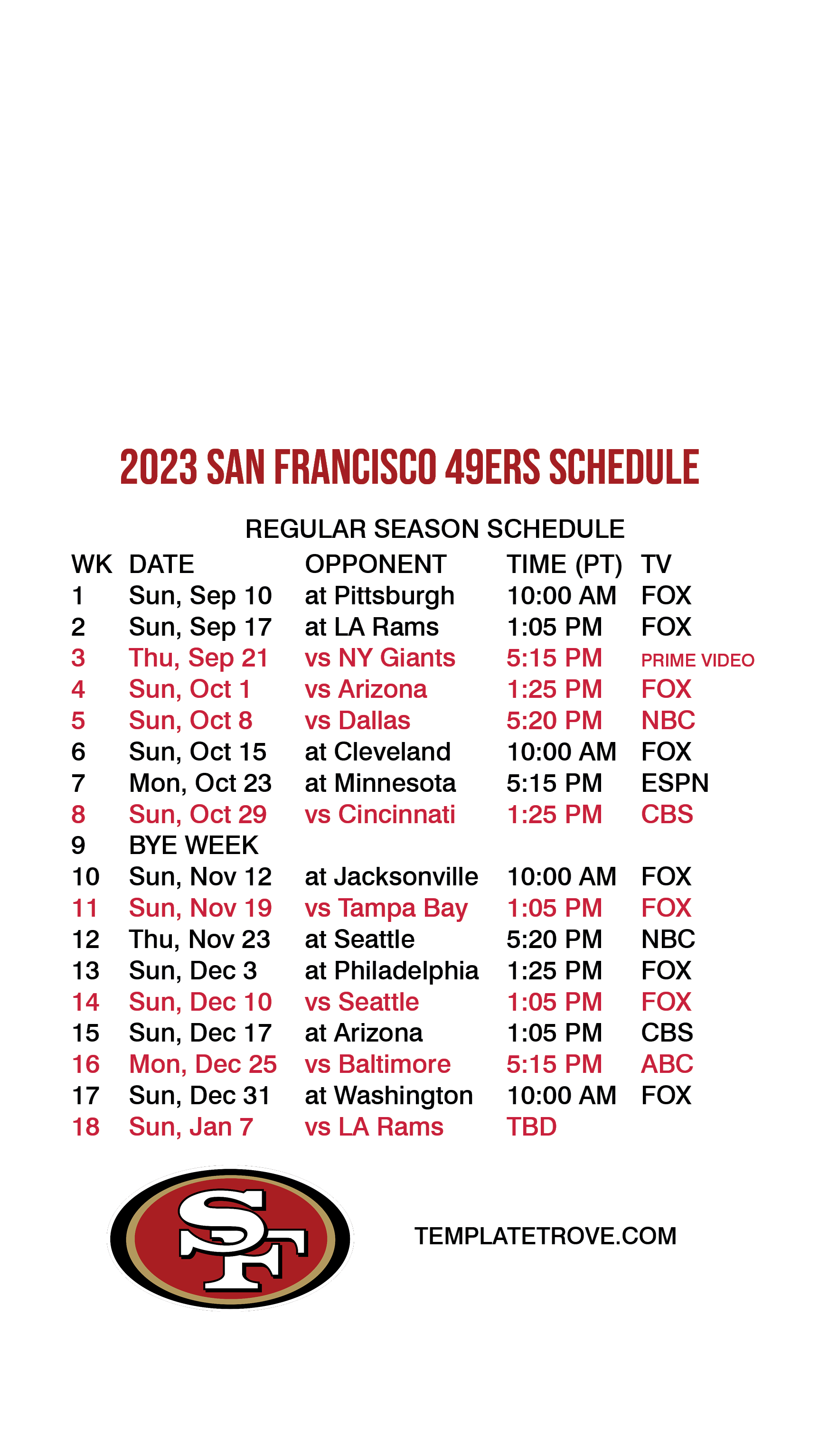 Printable 2023-2024 San Francisco 49ers Schedule
