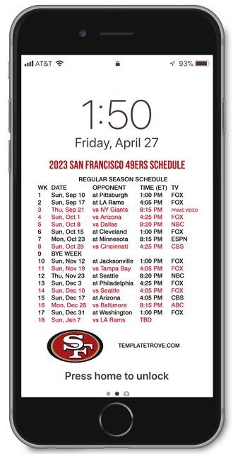 2018 San Francisco 49ers Lock Screen Schedule