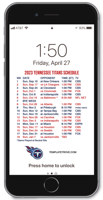 2023 Tennessee Titans Lock Screen Schedule