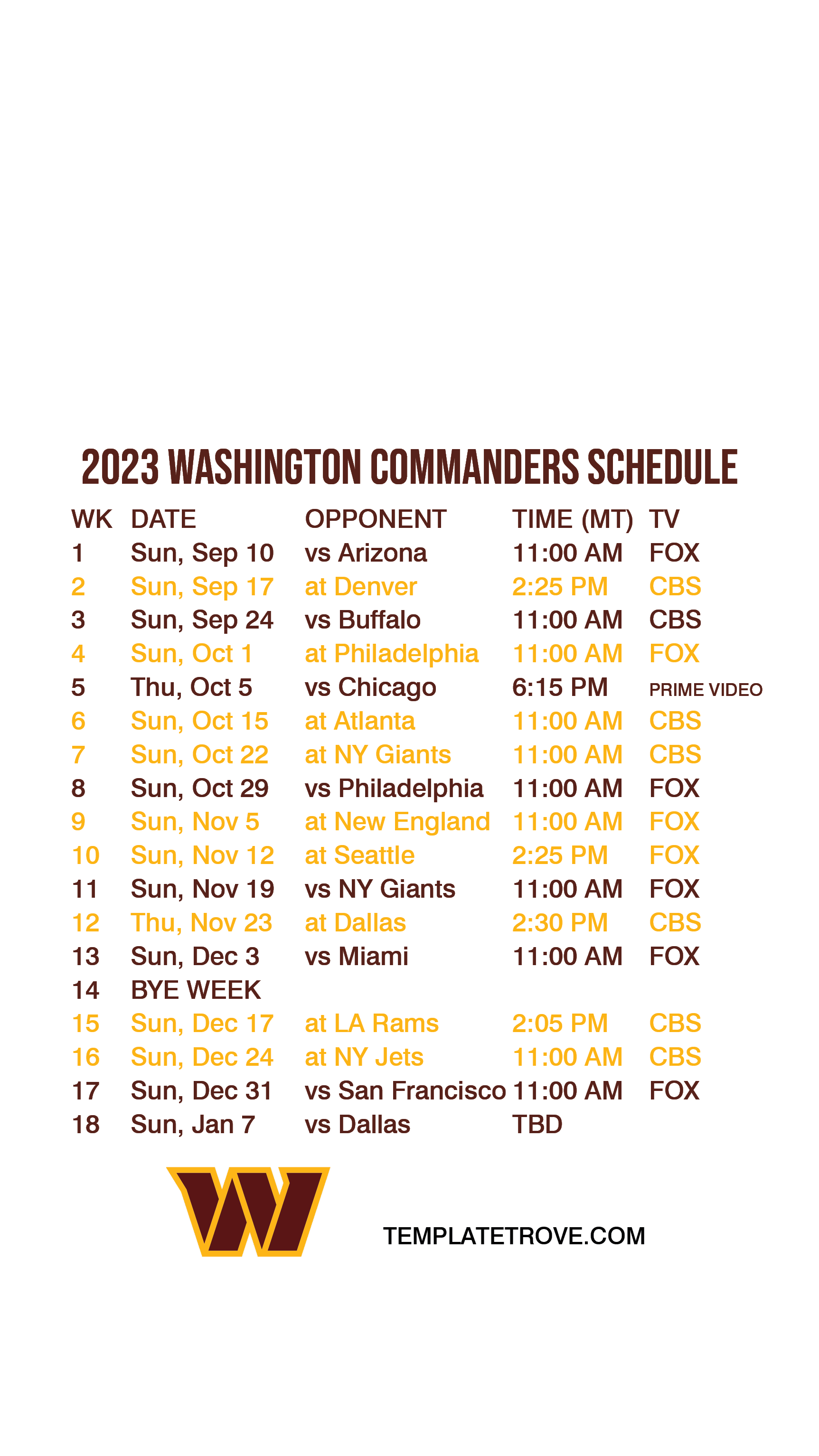 washington commanders football schedule 2022