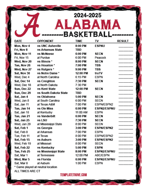 Alabama Crimson Tide Basketball 2024-25 Printable Schedule - Central Times