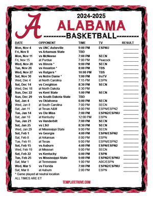 2024-25 Printable Alabama Crimson Tide Basketball Schedule