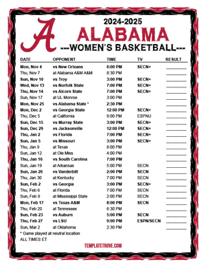 Alabama Crimson Tide Women's Basketball 2024-25 Printable Schedule