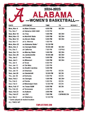 Alabama Crimson Tide Women's Basketball 2024-25 Printable Schedule - Mountain Times