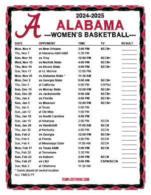 Alabama Crimson Tide Women's Basketball 2024-25 Printable Schedule - Pacific Times