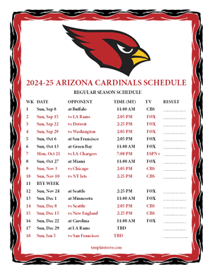 Arizona Cardinals 2024-25
 Printable Schedule - Mountain Times