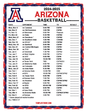 Arizona Wildcats Basketball 2024-25 Printable Schedule - Central Times