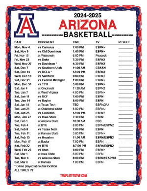 Arizona Wildcats Basketball 2024-25 Printable Schedule - Pacific Times