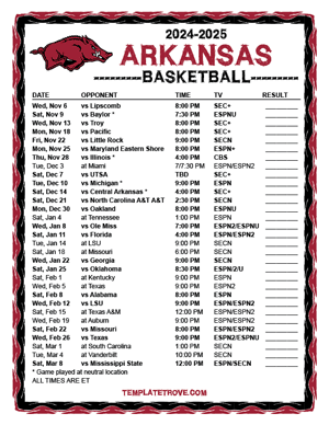 2024-25 Printable Arkansas Razorbacks Basketball Schedule