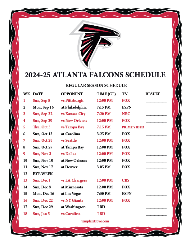 Atlanta Falcons Schedule 2024 25 202425 Dates Kassi Matilda