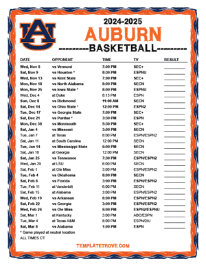 Auburn Tigers Basketball 2024-25 Printable Schedule - Central Times