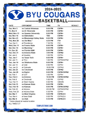 BYU Cougars Basketball 2024-25 Printable Schedule - Central Times