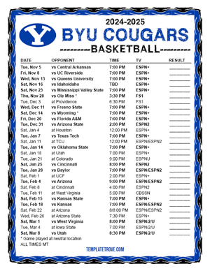 BYU Cougars Basketball 2024-25 Printable Schedule - Mountain Times