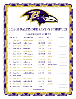 Baltimore Ravens 2024-25
 Printable Schedule - Central Times