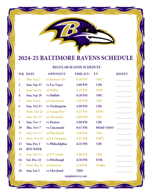 Baltimore Ravens 2024-25
 Printable Schedule