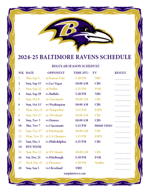 Baltimore Ravens 2024-25
 Printable Schedule - Pacific Times