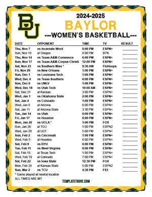 Baylor Bears Women's Basketball 2024-25 Printable Schedule - Mountain Times