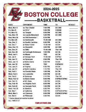 Boston College Eagles Basketball 2024-25 Printable Schedule - Central Times