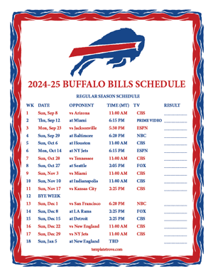 Buffalo Bills 2024-25
 Printable Schedule - Mountain Times