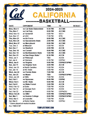 California Golden Bears Basketball 2024-25 Printable Schedule - Mountain Times