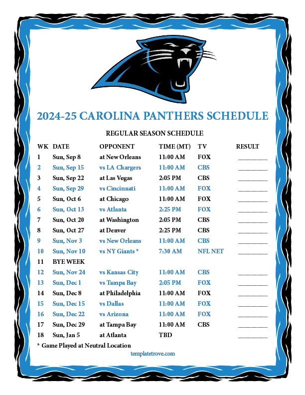 Printable 2024 2025 Carolina Panthers Schedule