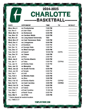 Charlotte 49ers Pirates Basketball 2024-25 Printable Schedule - Central Times